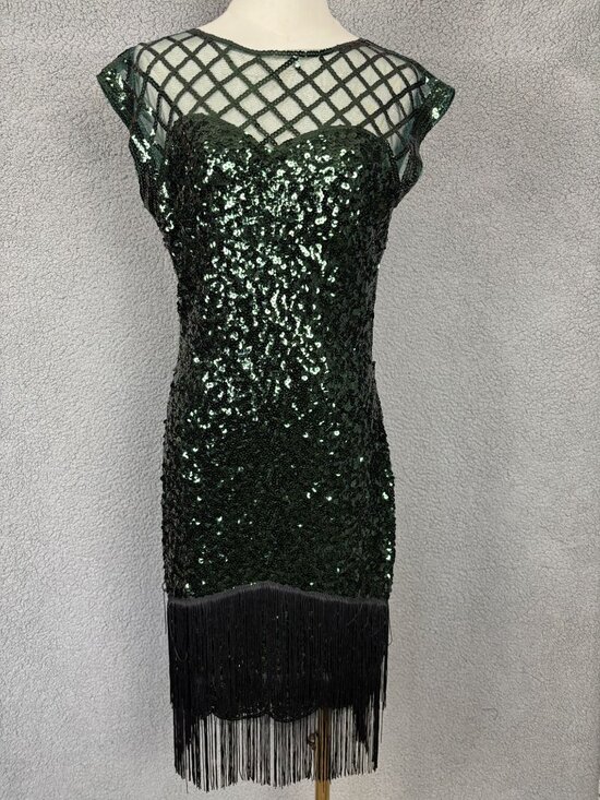 None Dresses & Skirts - Green Sequin Fringe Flapper Dress Mesh Neckline 1920s Style Dress Small NWOT's
